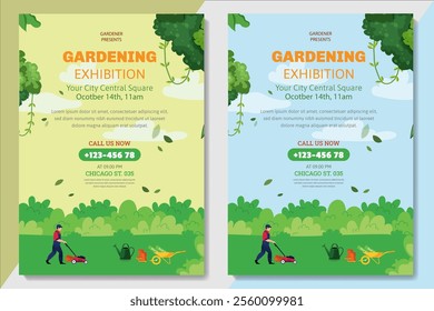 Lawn Mower Garden or Landscaping Service Flyer Template. Business Flyer poster pamphlet brochure cover design layout background, A4 size leaflet, grass, equipment, gardener