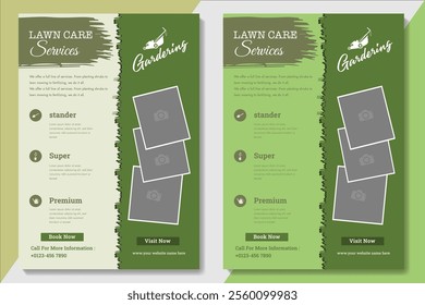 Lawn Mower Garden or Landscaping Service Flyer Template. Business Flyer poster pamphlet brochure cover design layout background, A4 size leaflet, grass, equipment, gardener