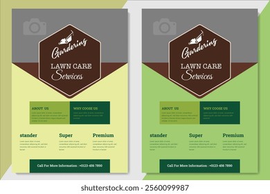 Lawn Mower Garden or Landscaping Service Flyer Template. Business Flyer poster pamphlet brochure cover design layout background, A4 size leaflet, grass, equipment, gardener