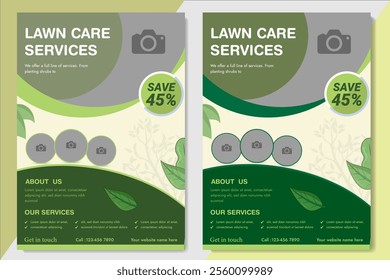 Lawn Mower Garden or Landscaping Service Flyer Template. Business Flyer poster pamphlet brochure cover design layout background, A4 size leaflet, grass, equipment, gardener