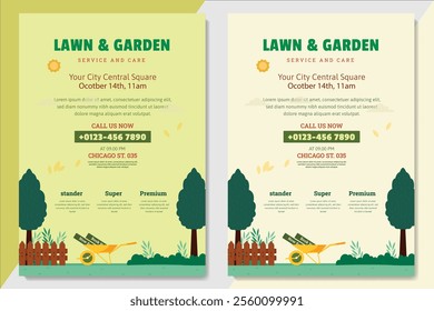 Lawn Mower Garden or Landscaping Service Flyer Template. Business Flyer poster pamphlet brochure cover design layout background, A4 size leaflet, grass, equipment, gardener