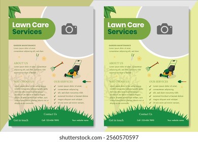 Lawn Mower Garden or Landscaping Service Flyer Template. Business Flyer poster pamphlet brochure cover design layout background, A4 size leaflet, grass, equipment, gardener