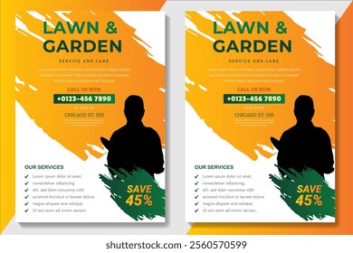 Lawn Mower Garden or Landscaping Service Flyer Template. Business Flyer poster pamphlet brochure cover design layout background, A4 size leaflet, grass, equipment, gardener