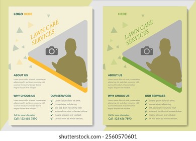 Lawn Mower Garden or Landscaping Service Flyer Template. Business Flyer poster pamphlet brochure cover design layout background, A4 size leaflet, grass, equipment, gardener