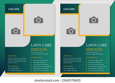 Lawn Mower Garden or Landscaping Service Flyer Template. Business Flyer poster pamphlet brochure cover design layout background, A4 size leaflet, grass, equipment, gardener