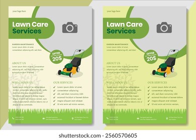 Lawn Mower Garden or Landscaping Service Flyer Template. Business Flyer poster pamphlet brochure cover design layout background, A4 size leaflet, grass, equipment, gardener