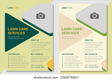 Lawn Mower Garden or Landscaping Service Flyer Template. Business Flyer poster pamphlet brochure cover design layout background, A4 size leaflet, grass, equipment, gardener