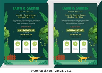 Lawn Mower Garden or Landscaping Service Flyer Template. Business Flyer poster pamphlet brochure cover design layout background, A4 size leaflet, grass, equipment, gardener