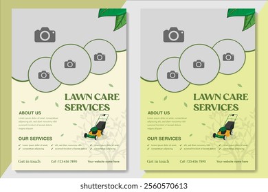 Lawn Mower Garden or Landscaping Service Flyer Template. Business Flyer poster pamphlet brochure cover design layout background, A4 size leaflet, grass, equipment, gardener