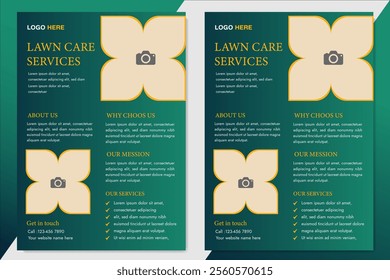 Lawn Mower Garden or Landscaping Service Flyer Template. Business Flyer poster pamphlet brochure cover design layout background, A4 size leaflet, grass, equipment, gardener