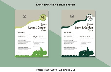 Lawn Mower Garden or Landscaping Service Flyer Template. Business Flyer poster, lawn service and gardening flyer design template
, A4 size leaflet, grass, equipment, gardener.
