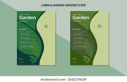 Lawn Mower Garden or Landscaping Service Flyer Template. Business Flyer poster, lawn service and gardening flyer design template
, A4 size leaflet, grass, equipment, gardener.