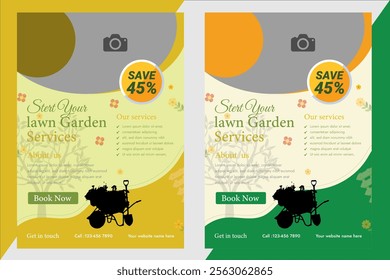 Lawn Mower Garden or Landscaping Service Flyer Template. Business Flyer poster pamphlet brochure cover design layout background, A4 size leaflet,