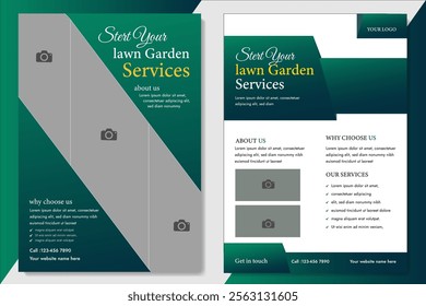 Lawn Mower Garden or Landscaping Service Flyer Template. Business Flyer poster pamphlet brochure cover design layout background, A4 size leaflet, grass, equipment, gardener