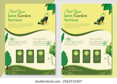 Lawn Mower Garden or Landscaping Service Flyer Template. Business Flyer poster pamphlet brochure cover design layout background, A4 size leaflet, grass, equipment, gardener