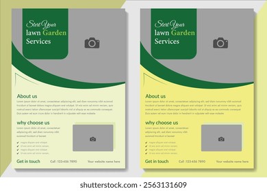 Lawn Mower Garden or Landscaping Service Flyer Template. Business Flyer poster pamphlet brochure cover design layout background, A4 size leaflet, grass, equipment, gardener