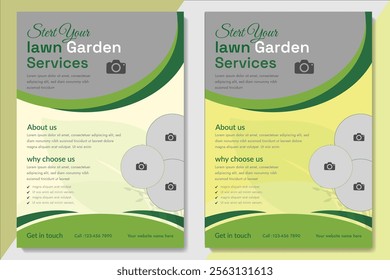 Lawn Mower Garden or Landscaping Service Flyer Template. Business Flyer poster pamphlet brochure cover design layout background, A4 size leaflet, grass, equipment, gardener