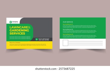 Lawn Mower Garden or Landscaping Service Postcard Template. Eddm Postcard Design, Event Card Design, Direct Mail Template, Invitation Design. leaflet, grass, equipment, gardener