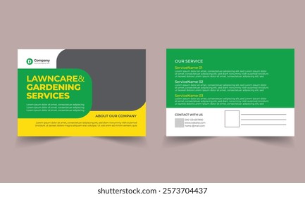 Lawn Mower Garden or Landscaping Service Postcard Template. Eddm Postcard Design, Event Card Design, Direct Mail Template, Invitation Design. leaflet, grass, equipment, gardener