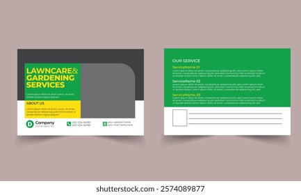 Lawn Mower Garden or Landscaping Service Postcard Template. Eddm Postcard Design, Event Card Design, Direct Mail Template, Invitation Design. leaflet, grass, equipment, gardener