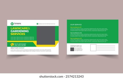 Lawn Mower Garden or Landscaping Service Postcard Template. Eddm Postcard Design, Event Card Design, Direct Mail Template, Invitation Design. leaflet, grass, equipment, gardener