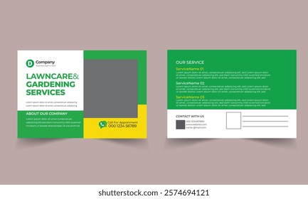 Lawn Mower Garden or Landscaping Service Postcard Template. Eddm Postcard Design, Event Card Design, Direct Mail Template, Invitation Design. leaflet, grass, equipment, gardene