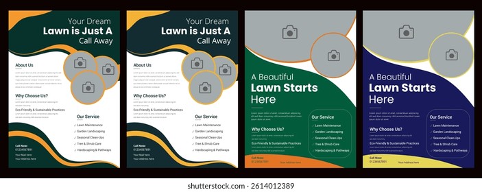 Lawn Mower Garden or Landscaping Service Flyer Template. Business Flyer poster pamphlet brochure cover design layout background, A4 size leaflet, grass, equipment, gardener