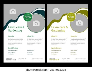 Lawn Mower Garden or Landscaping Service Flyer Template. Business Flyer poster pamphlet brochure cover design layout background, A4 size leaflet, grass, equipment, gardener