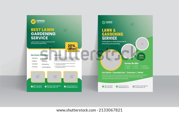 Lawn Mower Garden or\
Landscaping Service Flyer Template. Business Flyer poster pamphlet\
brochure cover design layout background, A4 size leaflet, grass,\
equipment, gardener
