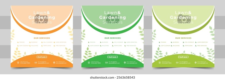 lawn mower garden or landscaping services social media post and promo banner ads template. Agricultural and farming services social media post lawn gardening or web banner template design.