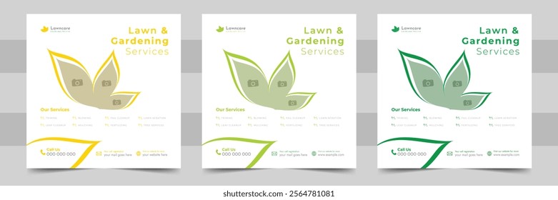 lawn mower garden or landscaping services social media post and promo banner ads template. Agricultural and farming services social media post lawn gardening or web banner template design.