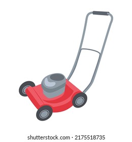 Lawn mower. Garden tools illustrations in cartoon style. Bright gardening equipment, rake or shovel and lawnmower, farm or rural instrument on white