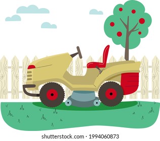Lawn mower in the garden garden tools. Vector illustration of lawn mowing service.