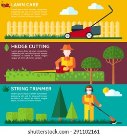 Lawn mower. Gardener cutting a hedge with a electric hedge cutter. Worker cutting grass in garden with the weed trimmer. Vector illustration