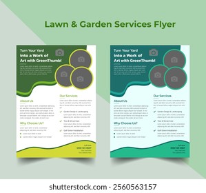 Lawn Mower Gardening or Landscaping Service Template. Business Flyer poster pamphlet brochure cover design layout background, A4 size leaflet, grass, equipment, gardener clean up advert cutting  