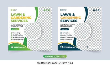 Lawn mower and gardening service social media banner. Tree plantation and landscaping advertisement template design with green and blue color. Garden care and lawn mower promotion poster vector.