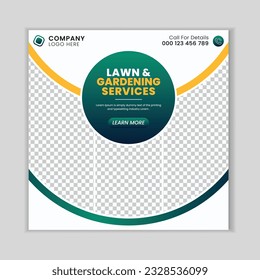 Lawn mower gardening service social media post design template.  Agriculture farming business service post.
Lawn and gardening service social media post banner template.
