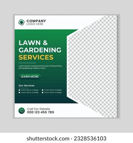 Lawn mower gardening service social media post design template.  Agriculture farming business service post.
Lawn and gardening service social media post banner template.