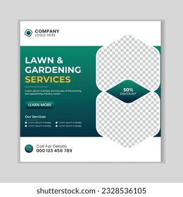 Lawn mower gardening service social media post design template.  Agriculture farming business service post.
Lawn and gardening service social media post banner template.