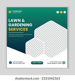 Lawn mower gardening service social media post design template.  Agriculture farming business service post.
Lawn and gardening service social media post banner template.