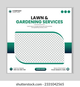 Lawn mower gardening service social media post design template.  Agriculture farming business service post.
Lawn and gardening service social media post banner template.