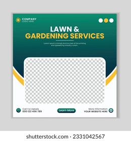 Lawn mower gardening service social media post design template.  Agriculture farming business service post.
Lawn and gardening service social media post banner template.