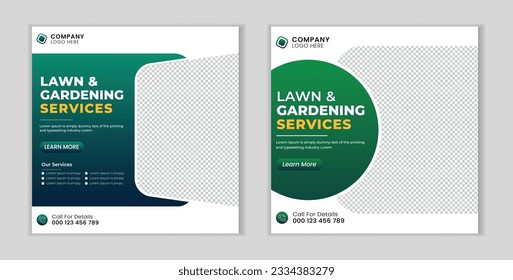 Lawn mower gardening service social media post design template.  Agriculture farming business service post.
Lawn and gardening service social media post banner template.