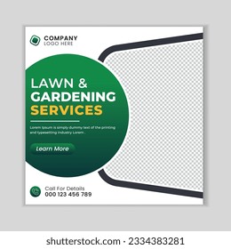 Lawn mower gardening service social media post design template.  Agriculture farming business service post.
Lawn and gardening service social media post banner template.