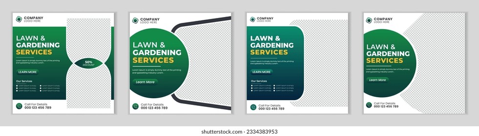 Lawn mower gardening service social media post design template.  Agriculture farming business service post.
Lawn and gardening service social media post banner template bundle.