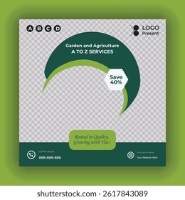 Lawn mower gardening service social media post design template. Agriculture farming business service post. Lawn and gardening service social media post banner template