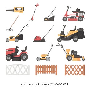 Lawn mower and grass cutters cartoon icons set isolated vector illustration