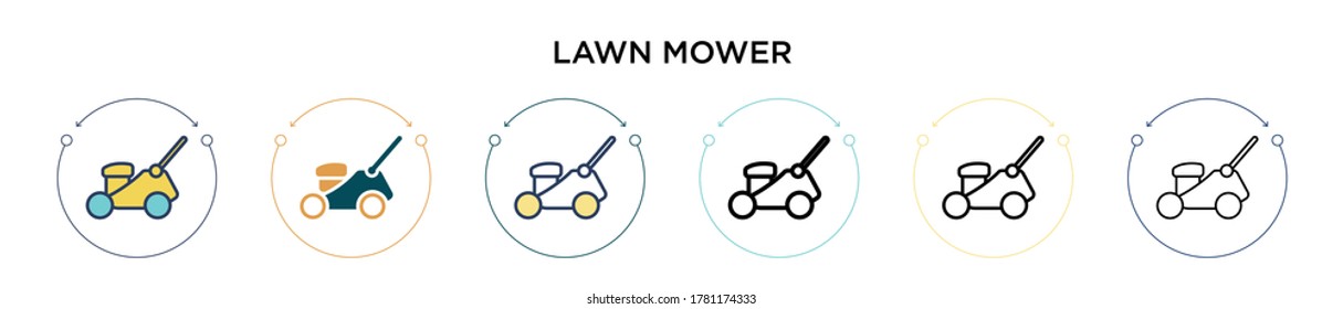 Lawn mower icon in filled, thin line, outline and stroke style. Vector illustration of two colored and black lawn mower vector icons designs can be used for mobile, ui, web