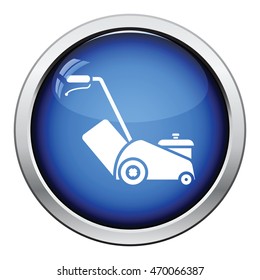Lawn mower icon. Glossy button design. Vector illustration.