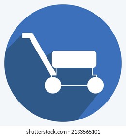Lawn Mower Icon in trendy long shadow style isolated on soft blue background